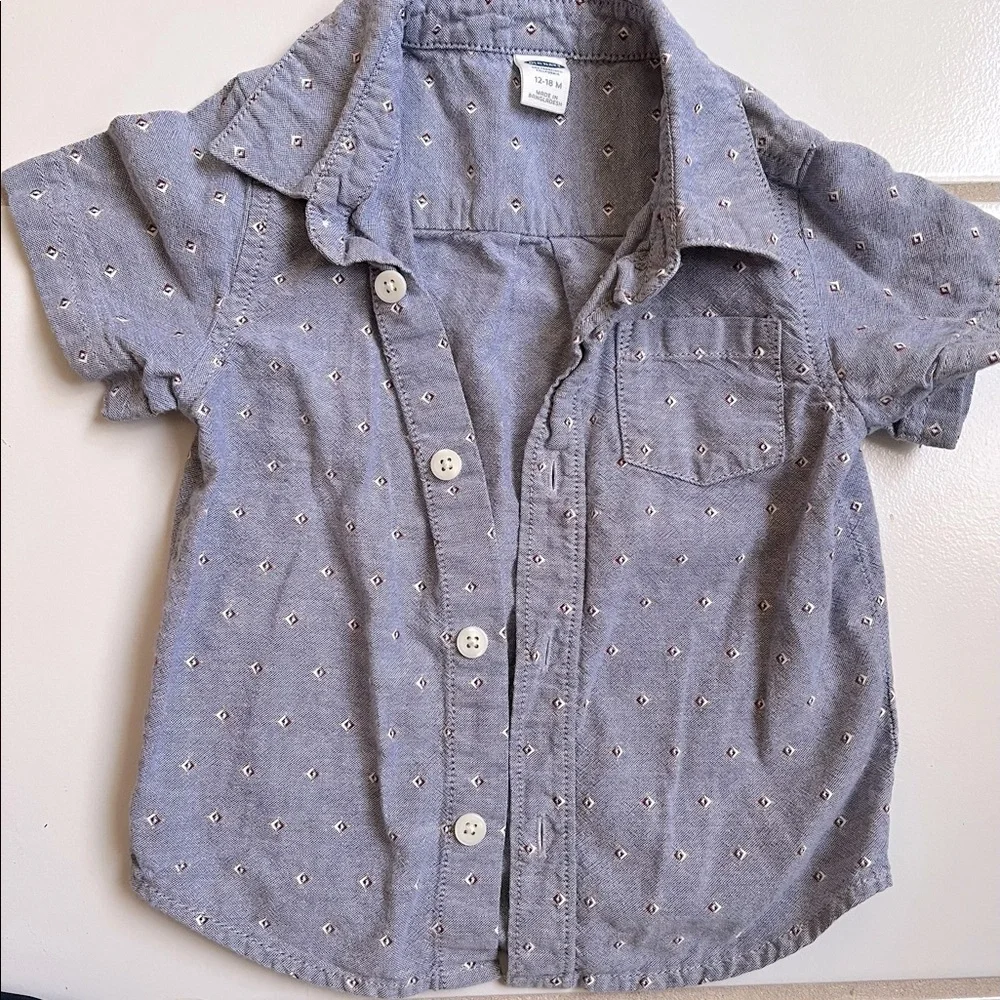 5/$25 Chambray Geometric Print Old Navy Button Down Top Short Sleeve Baby Boy